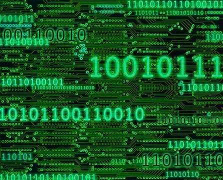 BINARY CODE NUMBERS AND CIRCUIT BOARD BACKGROUND Stockfoto's