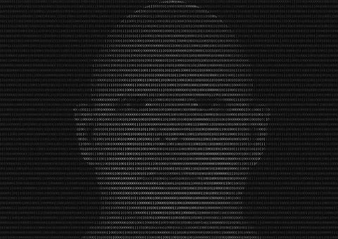 Binary code numbers that composes a human face as a metamorphosis of human and A Foto stock