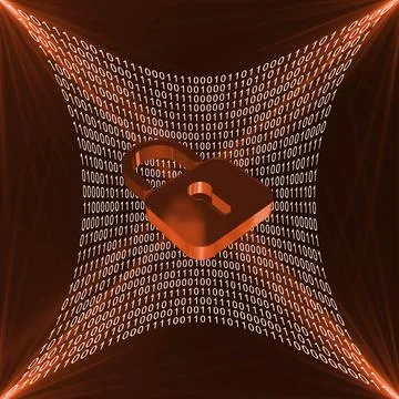 Binary code on orange background  with light effects - closed padlock Stock Illustration