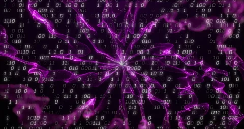 Binary code over abstract purple fractal animation Stock Footage 306509616