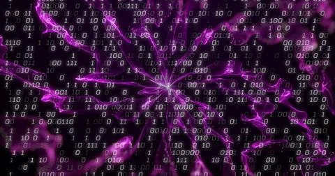 Binary code over abstract purple fractal image Stock Illustration