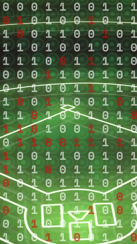 Binary code over baseball field animation, representing data analysis in sports 스톡 동영상 343614842