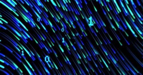 Binary code over blue and green streaks, digital data processing image Stock Illustration