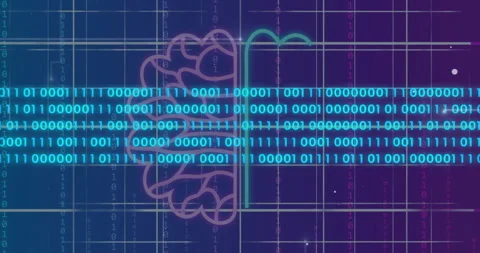 Binary code over brain animation with grid background Stock Footage 306818487