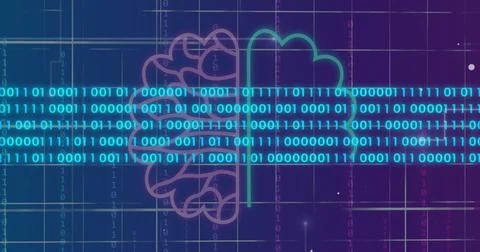 Binary code over brain image with grid background 库存照片