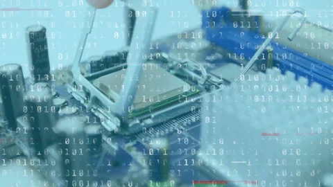 Binary code overlay appearing guiding technician aligning CPU chip with board Stock Footage 311455795