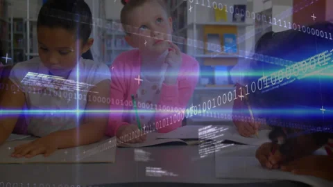 Binary code overlay appearing over library table inspiring three elementary 動画素材 316186021