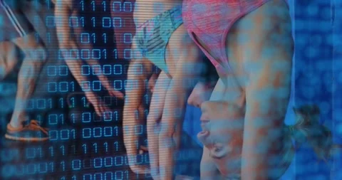 With binary code overlay cascading, fitness group kicking into handstands on Stock Footage 317773272