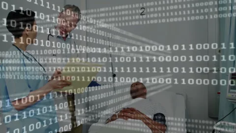 Binary code overlay fading in guiding doctor and nurse reviewing chart Stock Footage 312415527