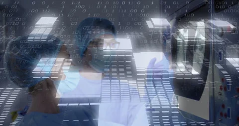 Binary code overlay pulsing prompts doctors rotating and annotating chest scans Stock Footage 312100059