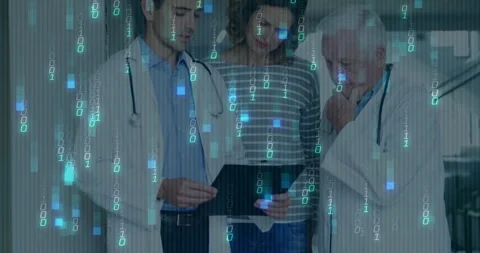 Binary code overlay shifting revealing doctors consulting patient tapping tablet Stock Footage 312757743