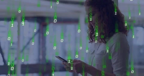Binary code overlay on smartphone, woman in office using device Stock Footage 306240907