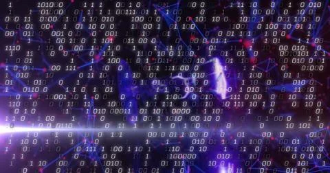 Binary code overlaying abstract digital network background with glowing Stock Photos