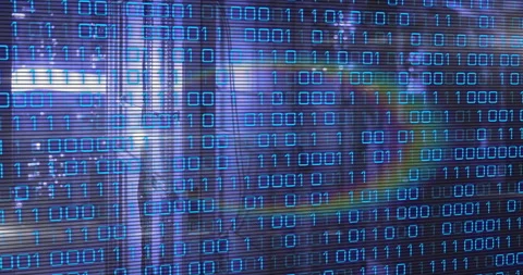 Binary code overlaying cityscape, representing digital animation technology 스톡 동영상 304839852