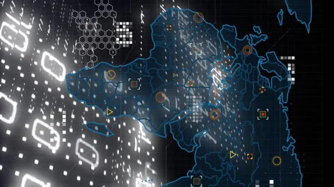 Binary code overlaying continents in animation of world map with digital data Stock Footage 313370384