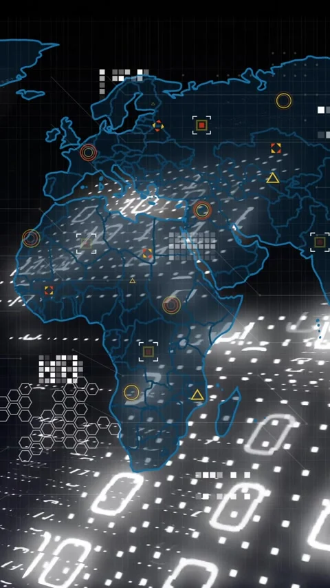 Binary code overlaying continents in animation of world map with digital data Stock Footage 319617367