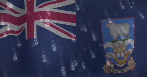 Binary code overlaying Falkland Islands flag in animated digital concept scene Stock Footage 303587057