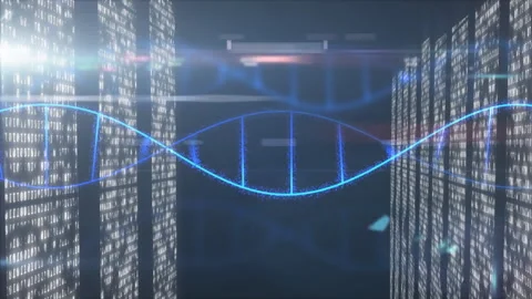 Binary code panels initiating glowing blue DNA helix expanding and centering for Stock Footage 311141796