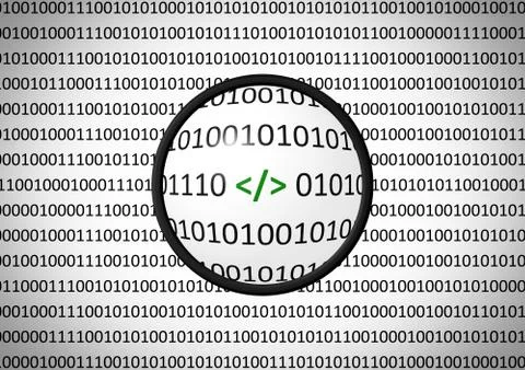 Binary code with parenthesis and magnifying lens on white background Stock Illustration