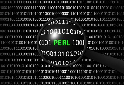Binary code with PERL and magnifying lens on black background - programming c 스톡 일러스트