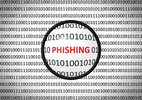 Binary code with PHISHING and magnifying lens on white background Stock Illustration