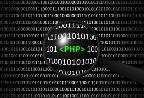 Binary code with PHP and magnifying lens on black background - programming co 스톡 일러스트