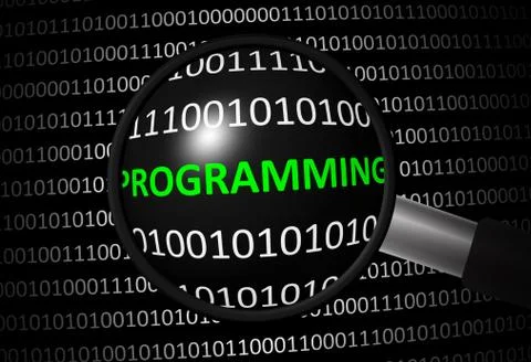 Binary code with programming and magnifying lens on black background Stock Illustration