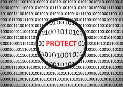 Binary code with PROTECT and magnifying lens on white background 库存插图