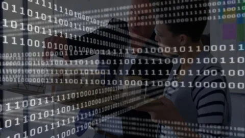 Binary code pulsing, revealing colleagues sketching tech diagrams planning on Stock Footage 313240171