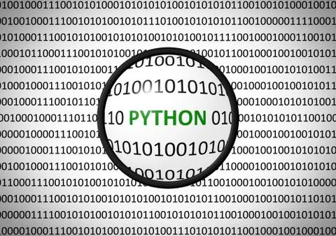 Binary code with PYTHON and magnifying lens on white background Stock Illustration