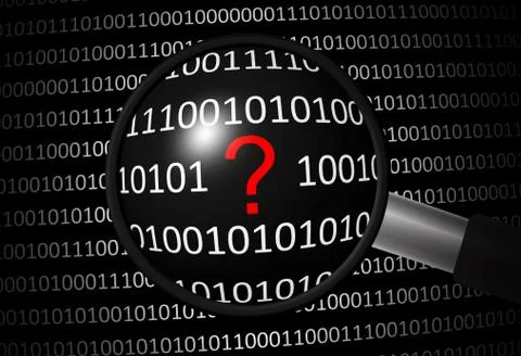 Binary code with question mark and magnifying lens on black background Stock Illustration