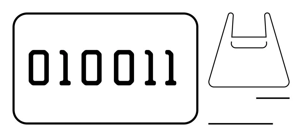 Binary Code on Rectangular Panel with Abstract Shopping Bag Outline, Repres.. 스톡 일러스트