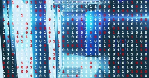 Binary code in red and white over animation of server room 動画素材 306638169