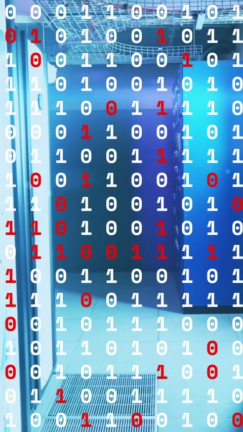 Binary code in red and white over animation of server room Video stock 341956808