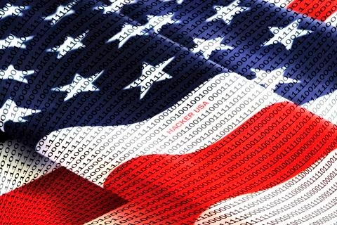 Binary code with red inscription hacker usa on background of American flag. Stock Photos