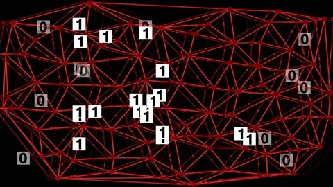 Binary code, red Voronoi network moving on a black background, white cards with Stock Footage 143923089