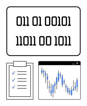 Binary Code Representation with Checklist and Stock Market Chart Stock Illustration