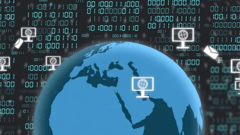 Binary code revealing blue globe rotating while nodes spreading data, showing Stock Footage 335317274