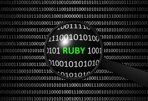 Binary code with RUBY and magnifying lens on black background - programming c 스톡 일러스트