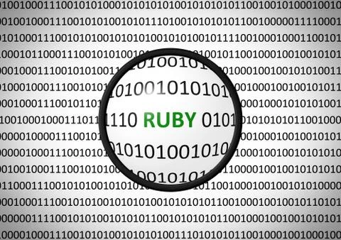 Binary code with RUBY and magnifying lens on white background Stock Illustration