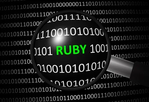 Binary code with Ruby and magnifying lens on black background Stock Illustration