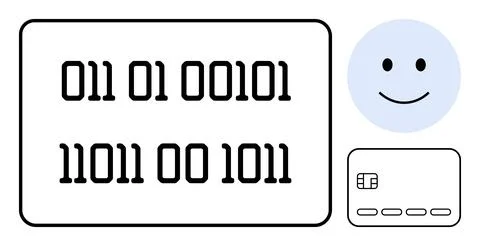 Binary code on a screen, happy face emotion, and a smart card chip. Ideal for Illustrazione stock