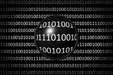 Binary code screen with magnifying lens on black background Stock Illustration