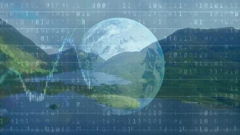 Binary code scrolling initiating globe fading as line graph and bars showing Stock Footage 326037397