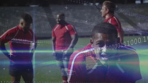 As binary code scrolling on screen, rugby player shifting delivering shout for Video stock 316624394
