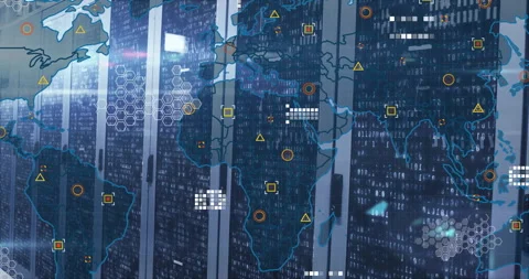 Binary code scrolling starting world map fading over server racks, nodes linking Stock Footage 310661195
