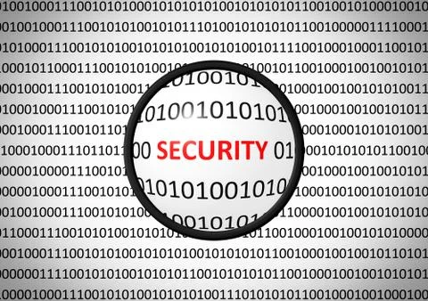 Binary code with SECURITY and magnifying lens on white background Stock Illustration