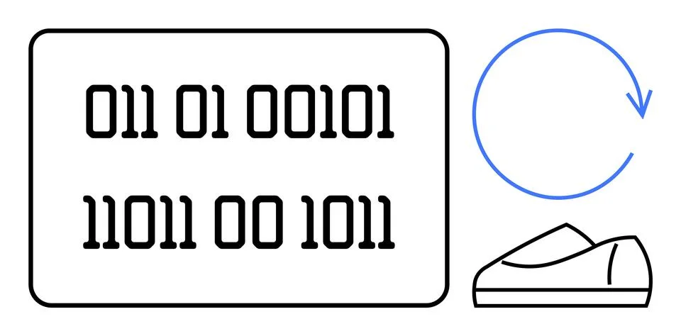 Binary Code Sequence with Data Refresh Symbol and Laptop 스톡 일러스트