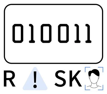 Binary code sequence, exclamation warning in triangle, fragmented word RISK,  Stock Illustration