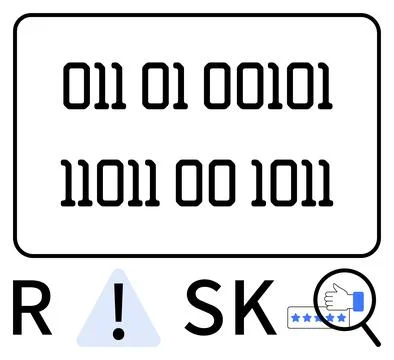 Binary code sequence, magnifying glass inspecting a thumbs-up rating, and RIS 스톡 일러스트